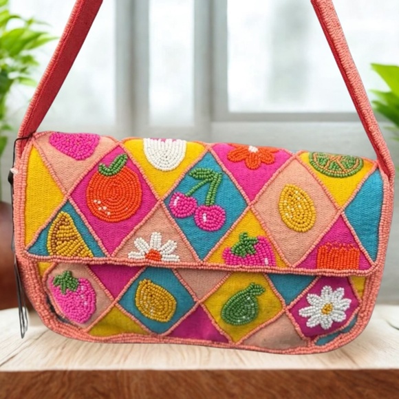 America & Beyond Handbags - NWT - America & Beyond Beaded Daisy Cherry Summer Tropical Embellished Bag Purse